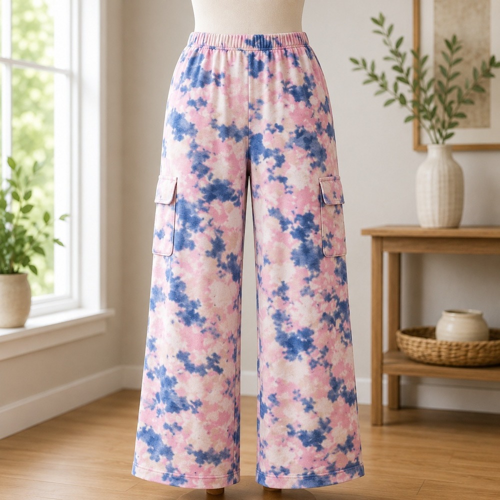 NEW Cuddl Duds Cargo Lounge Pants XL Pink Blue Tie Dye Wide Leg Pockets